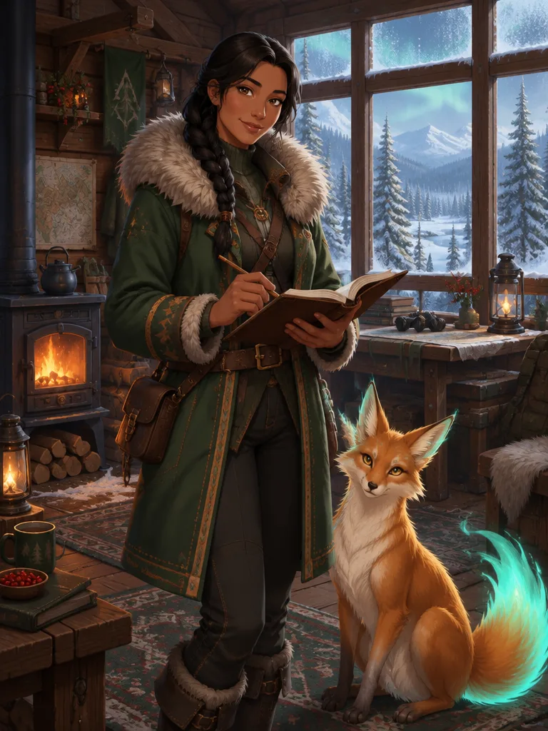 Marit Lowe, kepala pos Hearthgate berjaket hijau pinus dengan kerah bulu, memegang buku catatan lapangan di dalam pos kayu yang hangat, Fenwisp duduk di dekat kakinya.