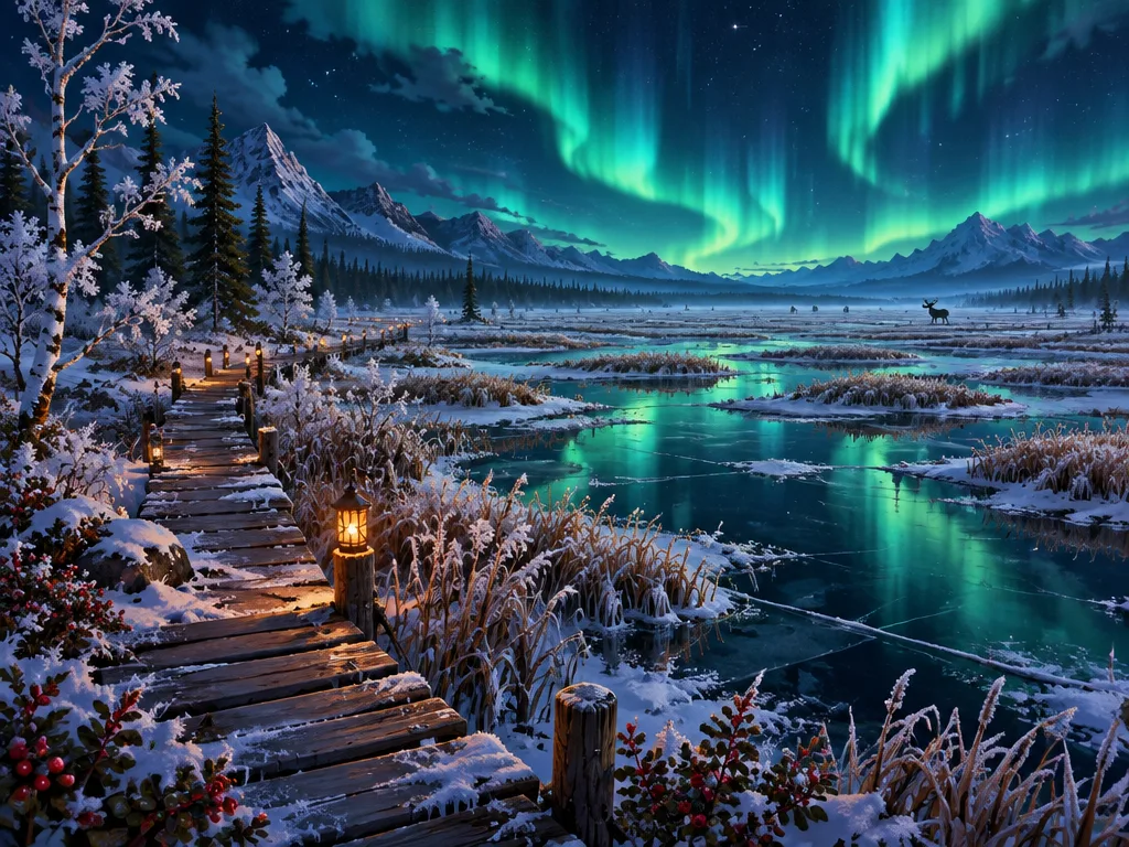 Lumen Fen di musim Frostcall: jalan papan berlentera di rawa beku, aurora hijau terpantul di es hitam.